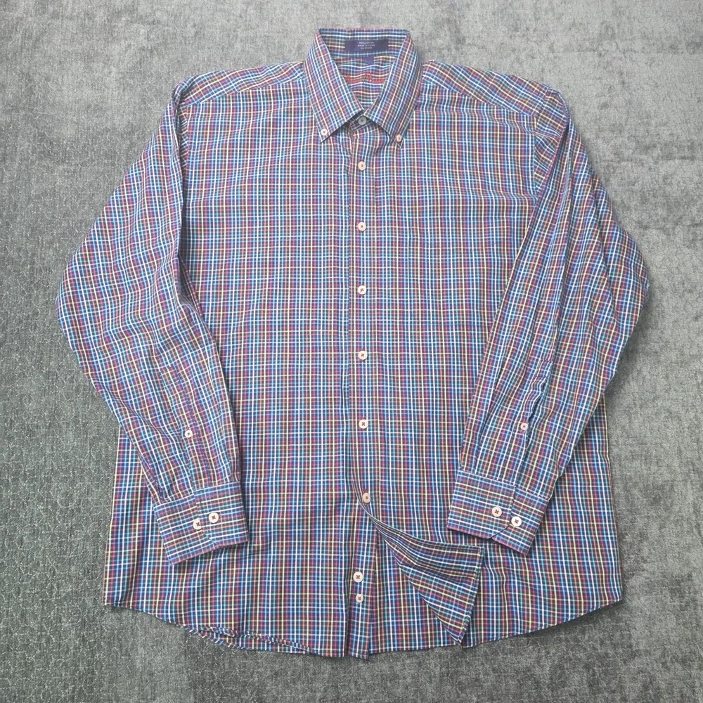 Alan Flusser Button Down Shirt Mens Large Rainbow Multicolor Plaid Long Sleeve L